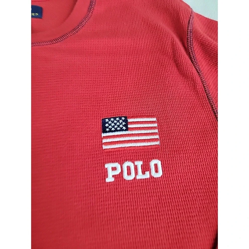 Polo Ralph Lauren Thermal Shirt Mens Medium Red Waffle Knit Elbow Patch Flag